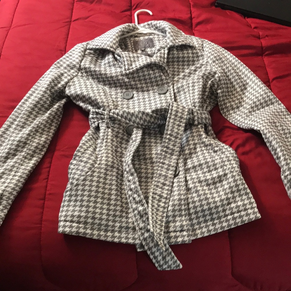 Gray and white pea coat